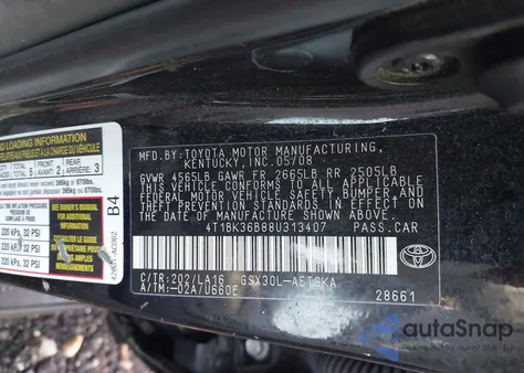 2008 Toyota Avalon Xls from USA, damaged, VIN 4T1BK36B88U313407